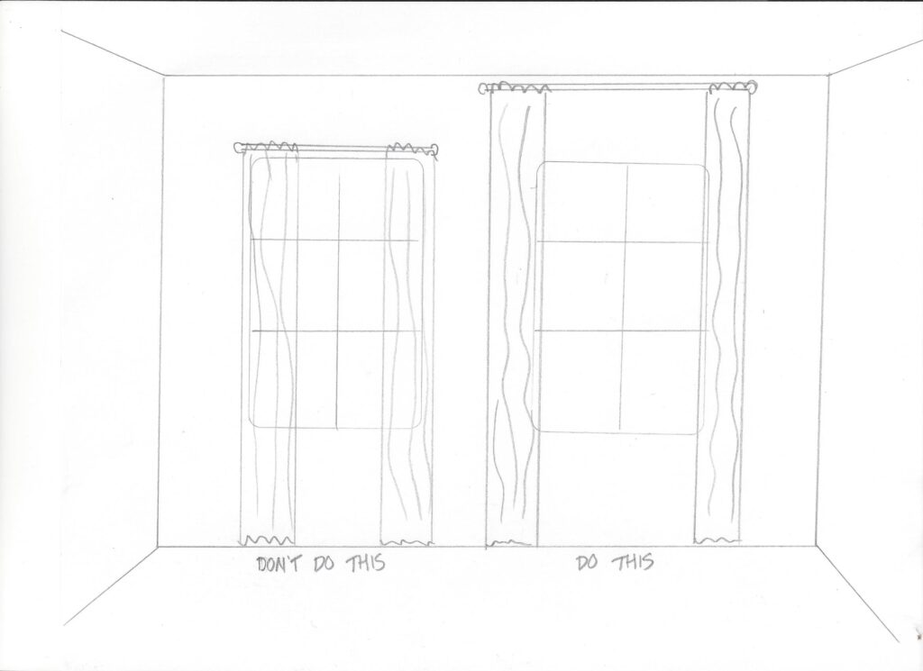 sketch showing two windows, one with curtains hung close to the top and edge of the window and the other showing curtains hung at the ceiling and on the edges of the window
