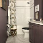 Modern Tradtional purple kids bathroom with subway tile and beadboard