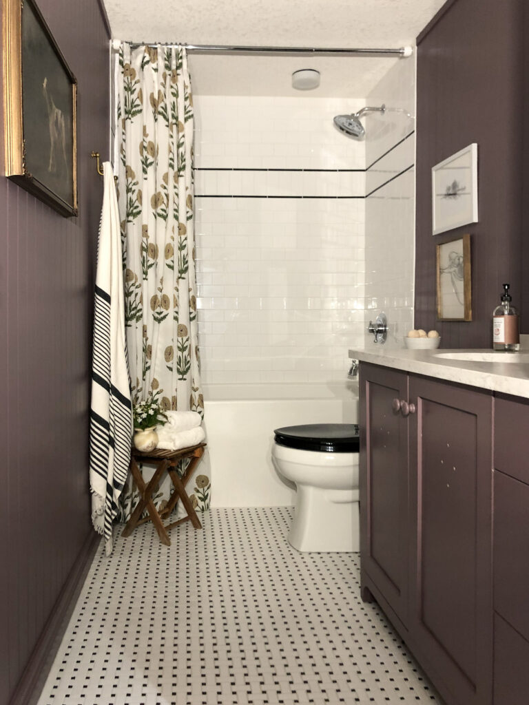 Modern Tradtional purple kids bathroom with subway tile and beadboard