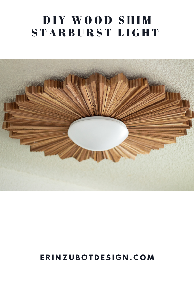 DIY starburst light fixture made from cedar shims installed on a ceiling