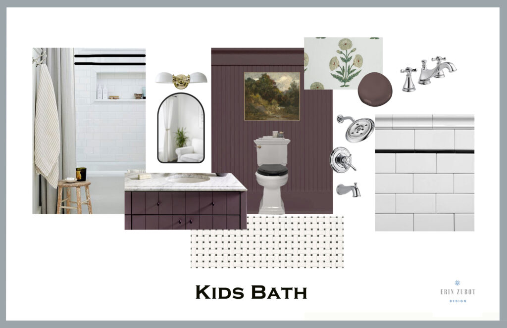 bathroom mood board showing purple beadboard, basketweave tile, subway tile with black accents, arched black mirror, floral fabric