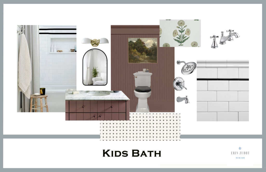 bathroom mood board showing burgendy beadboard, basketweave tile, subway tile with black accents, arched black mirror, floral fabric