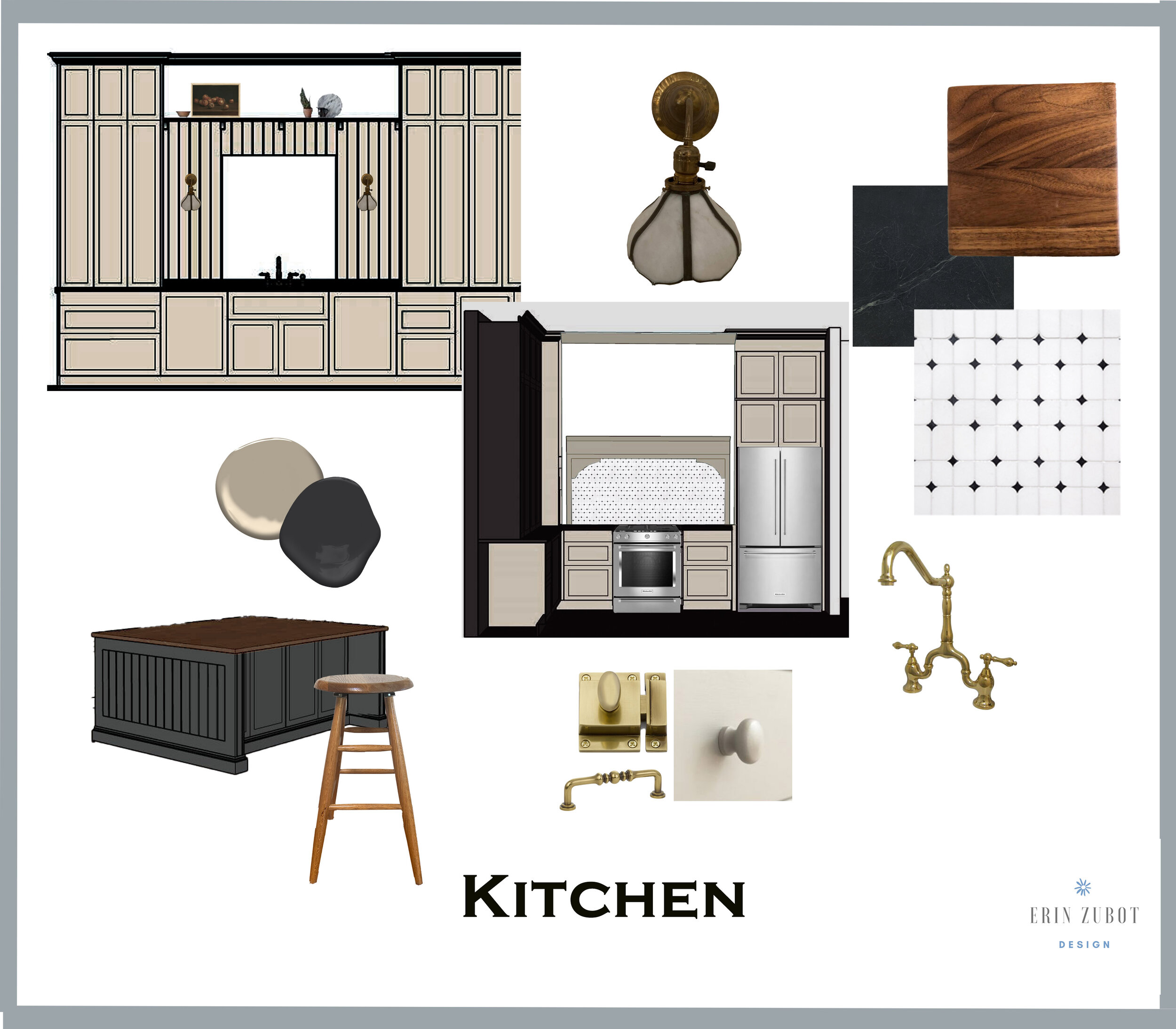 Mood board showing a kitchen renovation plan with beige cabinets, vintage lighting, brass faucet and hardware, wood knobs, vintage stools, black island and marble backsplash