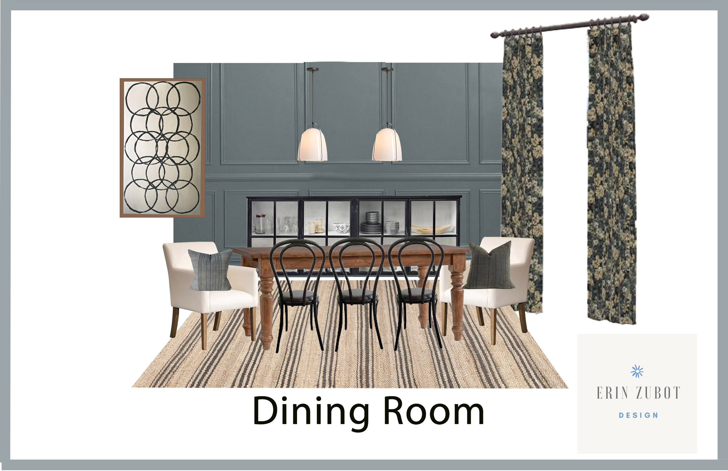 Mood board of a dining room with blue paneled walls, jute striped rug, floral blue curtains, wood table and black bentwood chairs with white upholstered end chairs, modern white pendants, oversized modern art