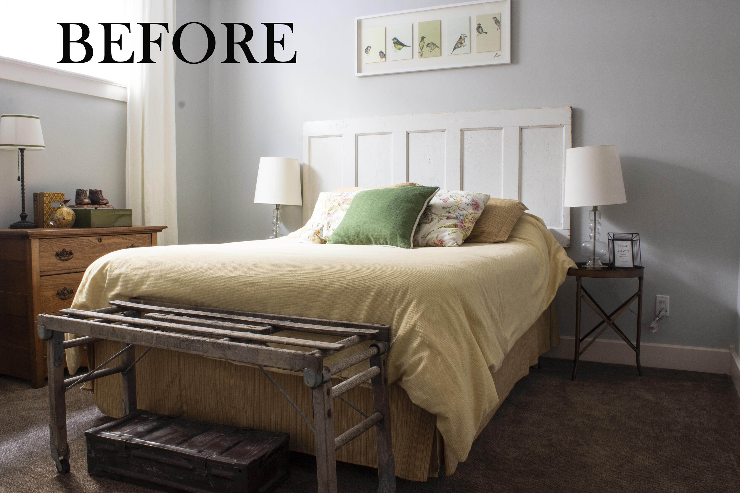 bedroom with brown carpet, grey wall, yellow bedding with green pillow, glass lamps, white curtains and antique wood dresser