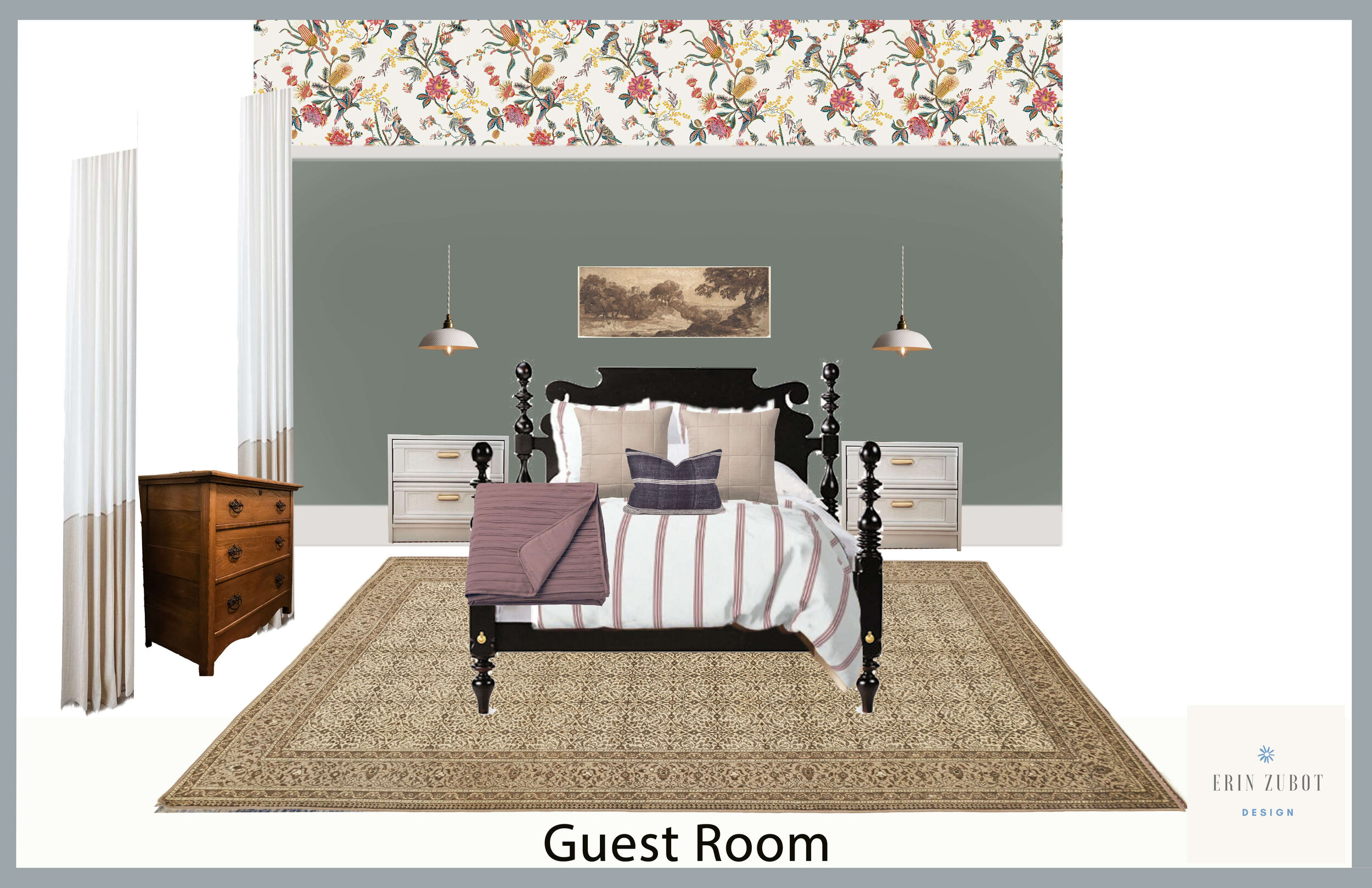 mood board of bedroom w ith green walls, floral wallpaer, beige vintage rug, black bed, white nightstands, pink bedding and wood dresser