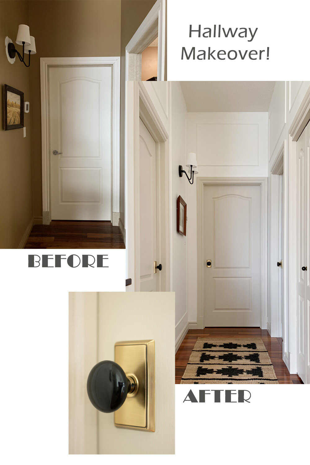 before and after of hallway after painting, adding moulding and new knobs