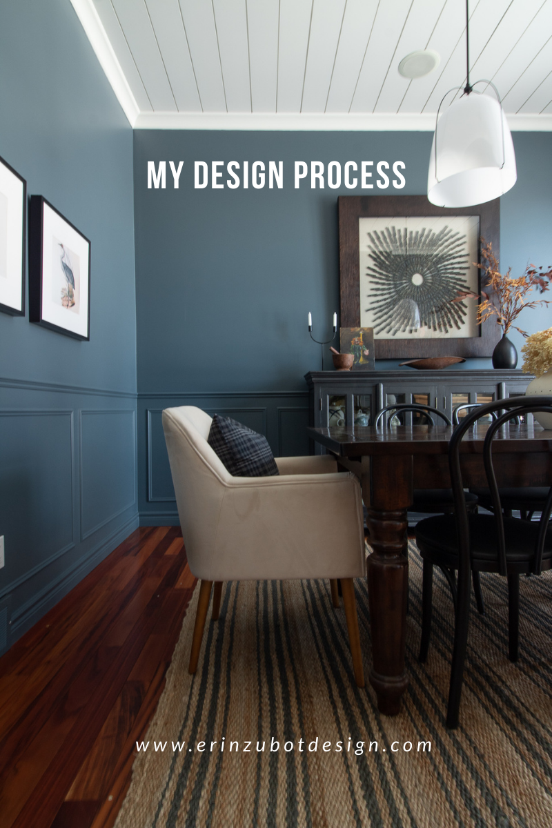 blue dining room with shiplap ceiling, striped jute rug, white end chairs with "my design process" graphic on top