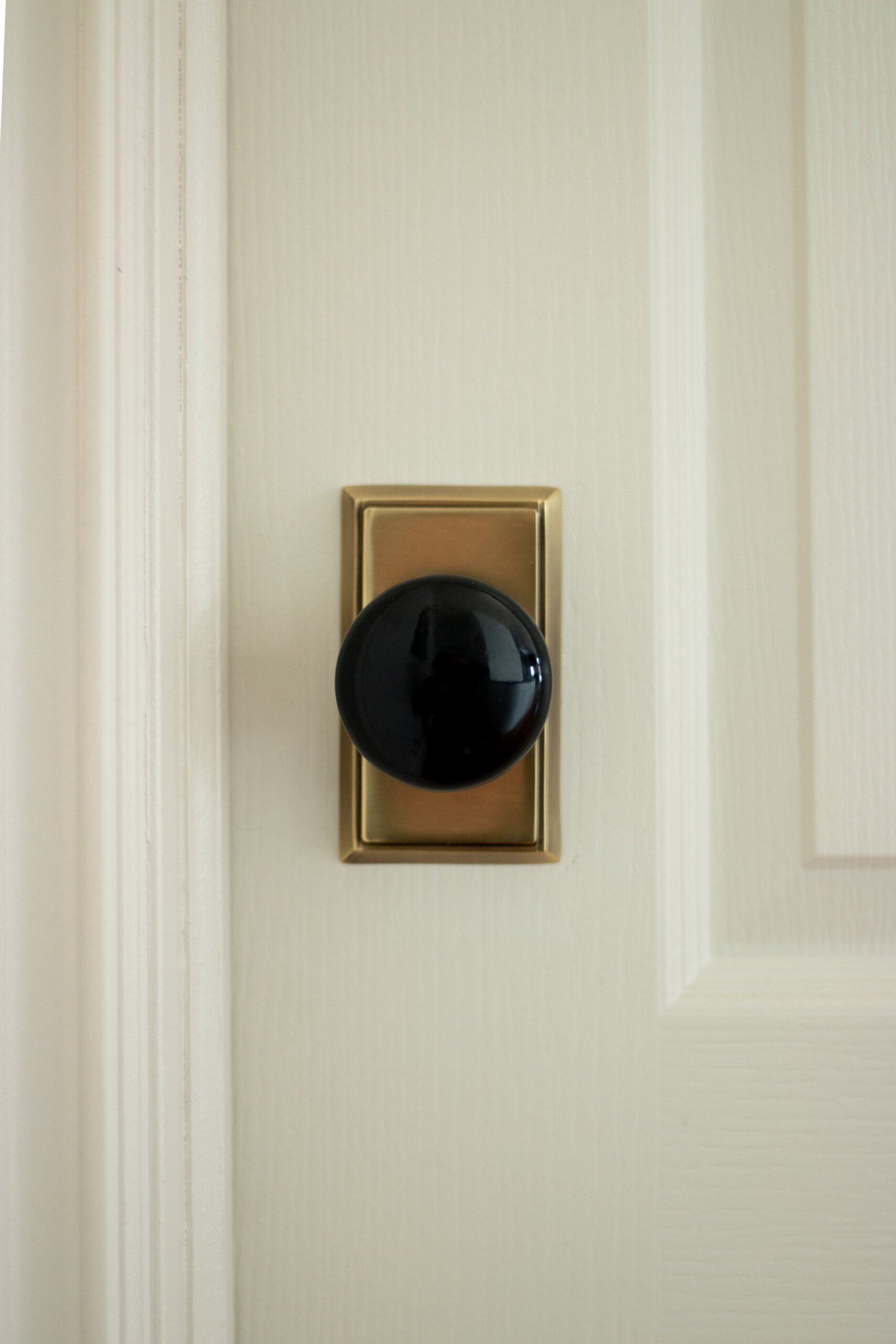 Doorknob with antique brass rectangular back plate and black porcelain knob