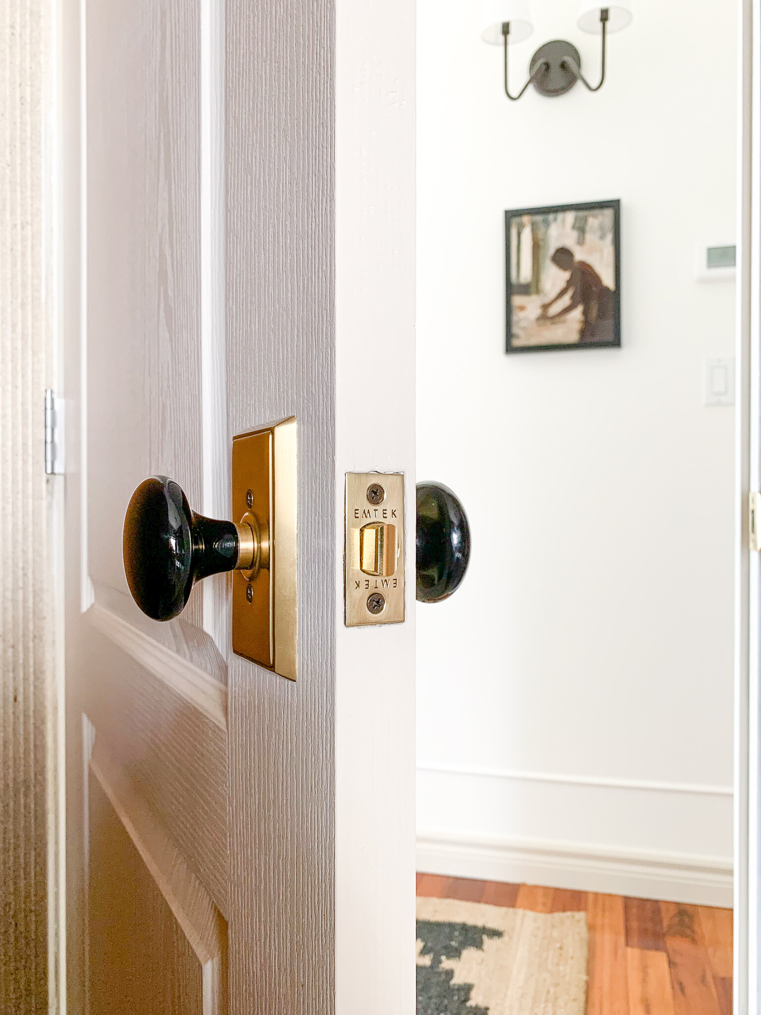 Door with antique brass and black porcelain door knob