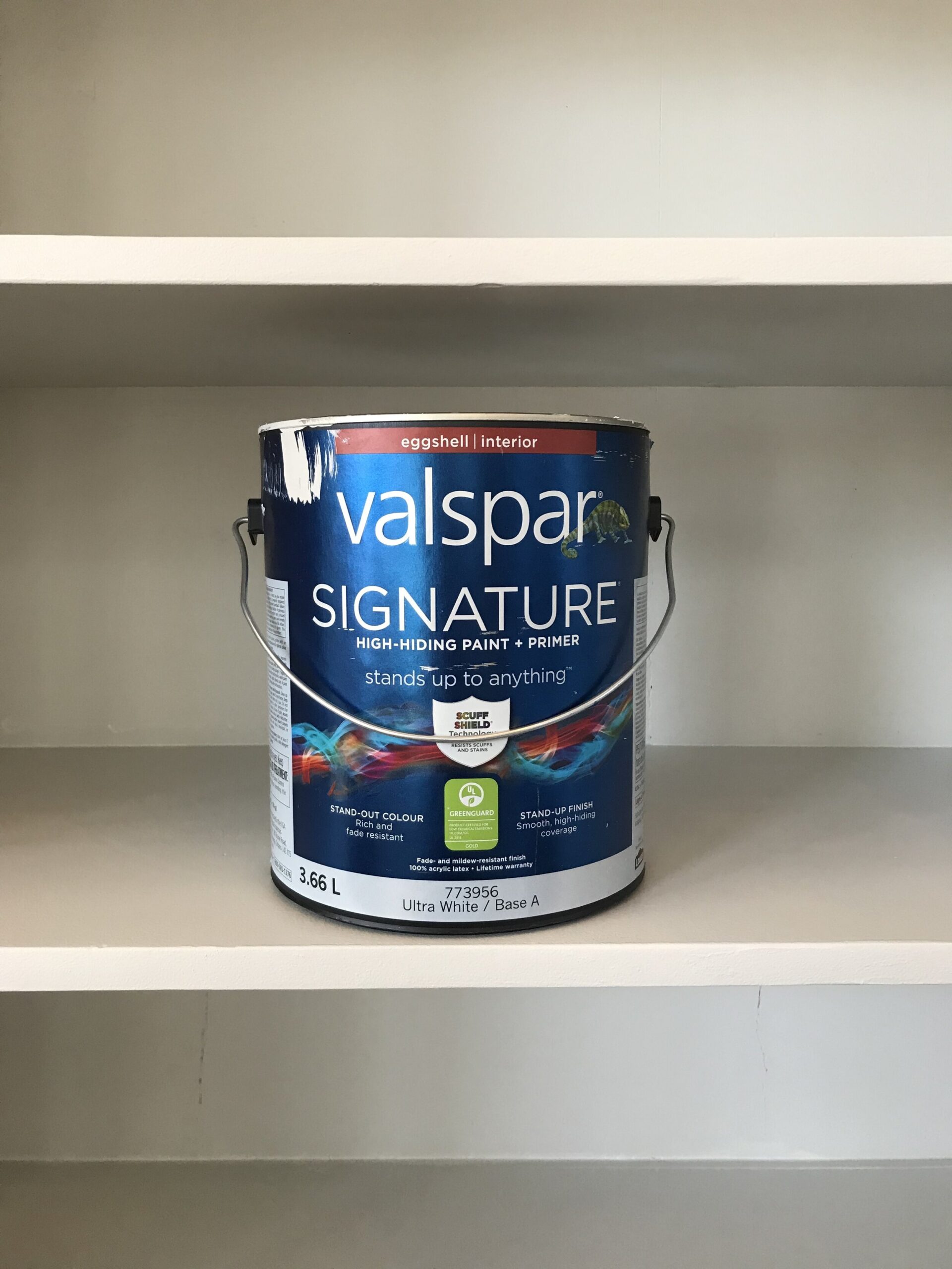 Can of valspar signature sitting in a cabinet