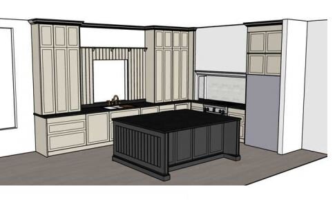 Rendering of a kitchen with beige cabinets, black island, square hood vent and countertop cabinets