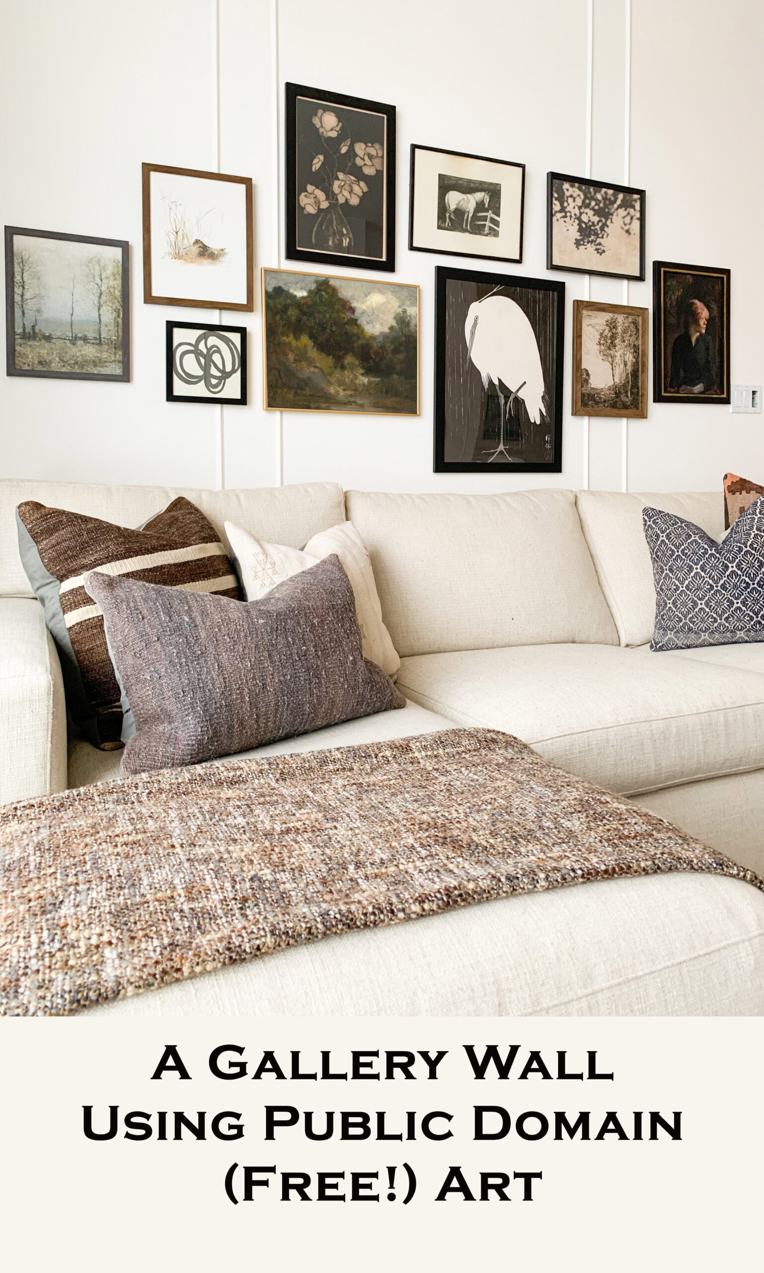 vintage art gallery wall over a couch with pillows and a graphic which reads "a gallery wall using public domain (free!) art