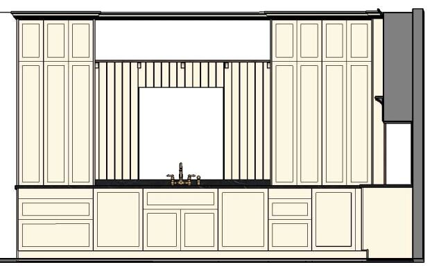 Rendering of kitchen renovation plan cabinets including a sink, countertop cabinets, window and shelf over window and paneling for backsplash