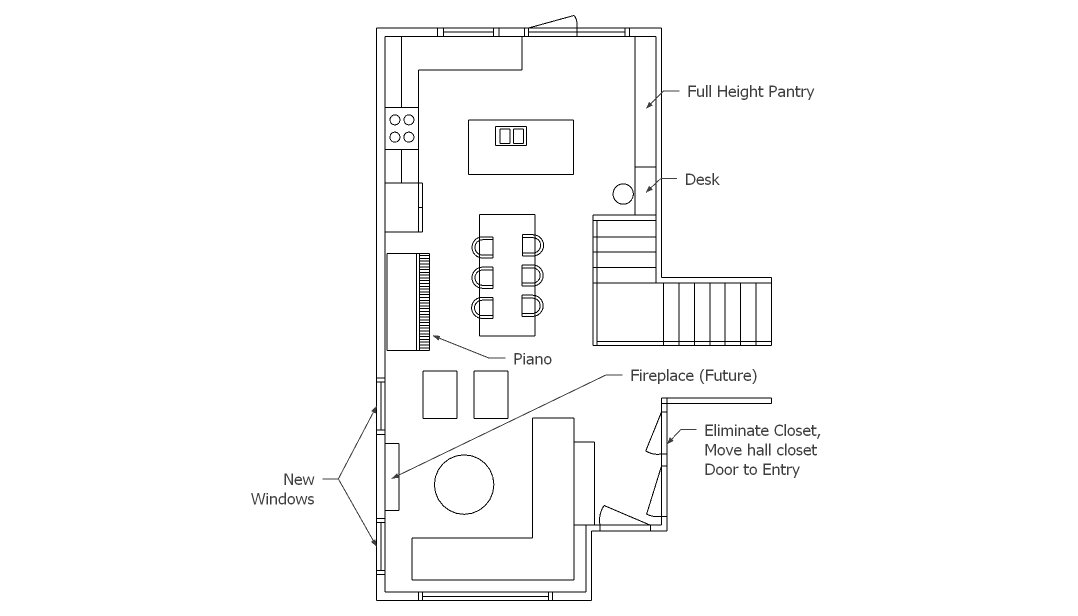 Floor plan showing an open concept living, dining and kitchen