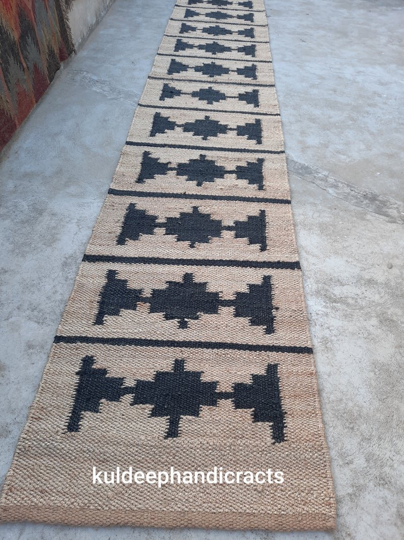 product image of runner from Etsy in jute with black geometric design