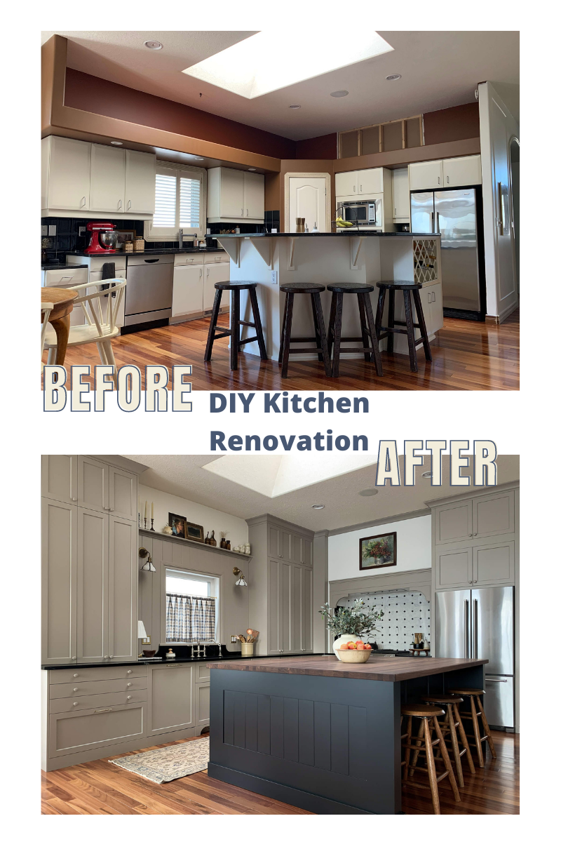 before and after image showing exact same angle of renovated kitchen using IKEA cabinets and DIY custom modifications.  Beige Cabinets, black island, soapstone counters, walnut island counters, custom range hood