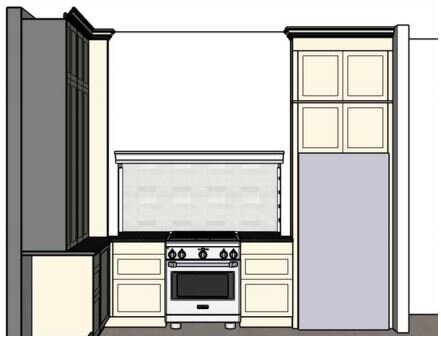 rendering of a kitchen renovation plan with range and sink area and a custom range hood