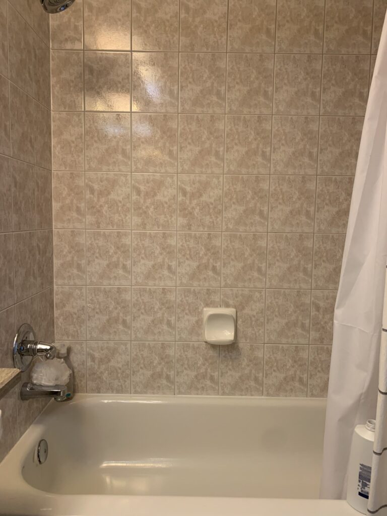 Pink shower tile 90;s bathroom