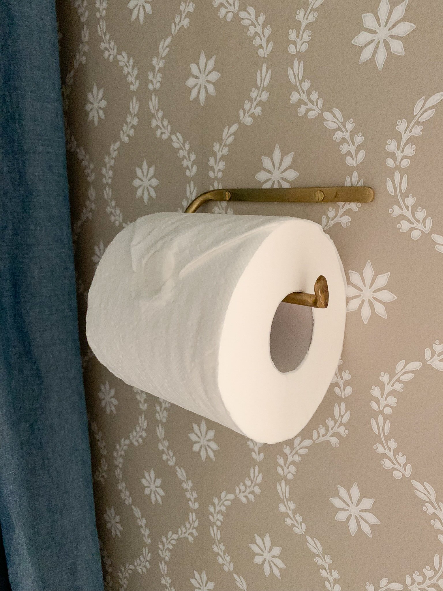 Modern brass toilet paper holder on a floral wallpaper background
