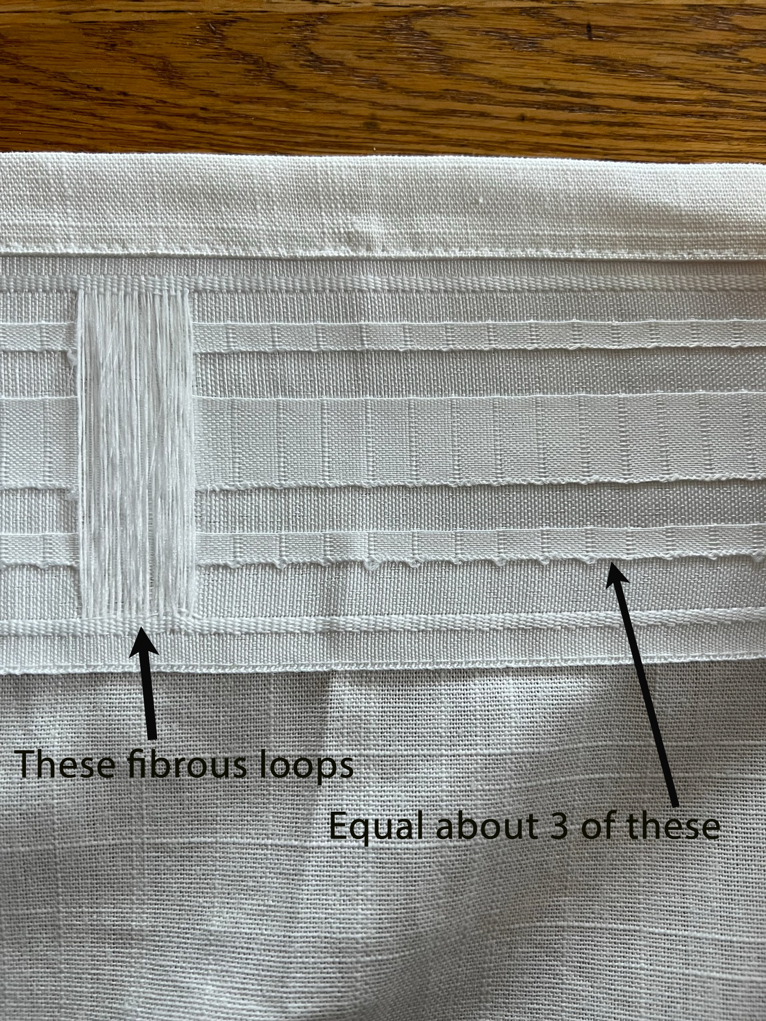 Back of a curtain with pleating tape showing the fibrous loops or back tabs and the smaller tabs, showing how three of the smaller tabs are about the same width as one of the larger fibrous loops