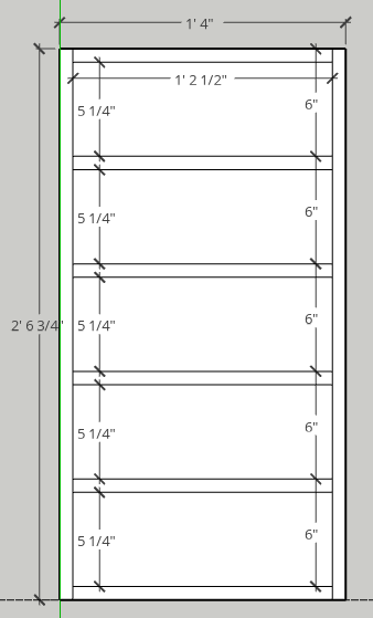 A drawing of the DIY wood and brass spice rack dimensions including all the spacing between shelves and the overall dimensions.