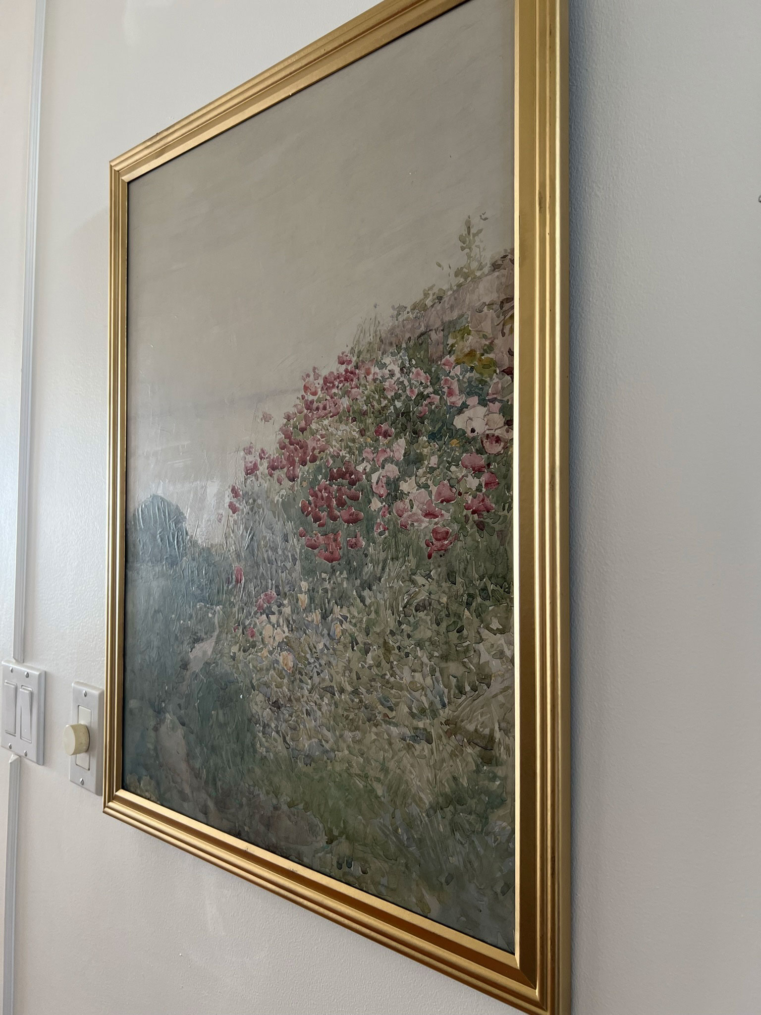 Landscape with a gold frame, pastel colours, showing texture on surface