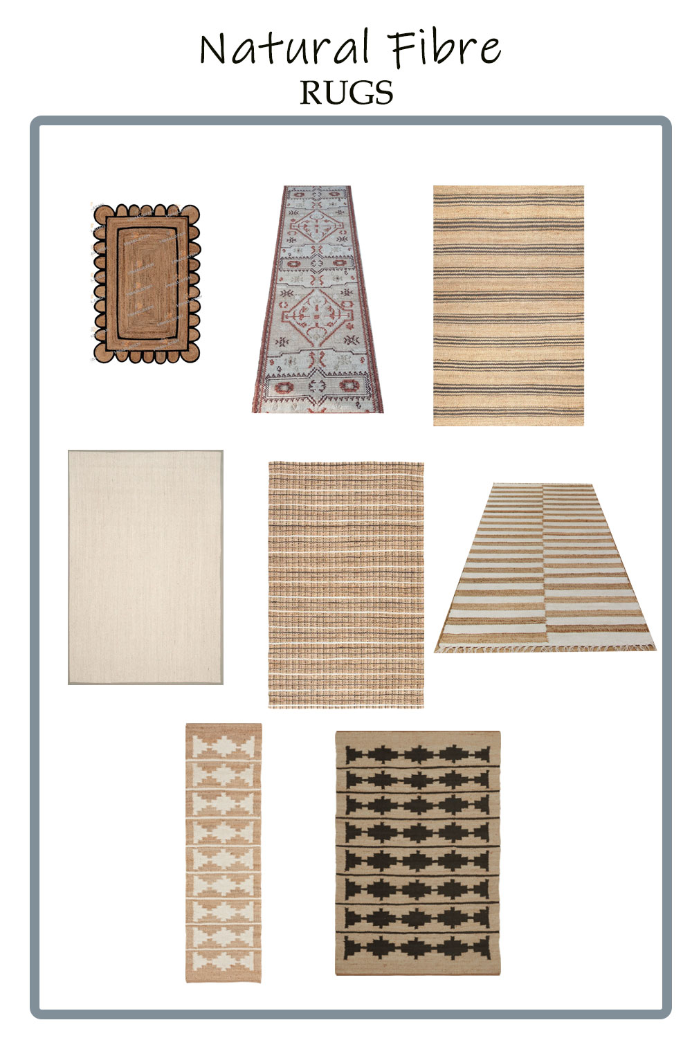 image showing 9 natural fibre rugs on a white background