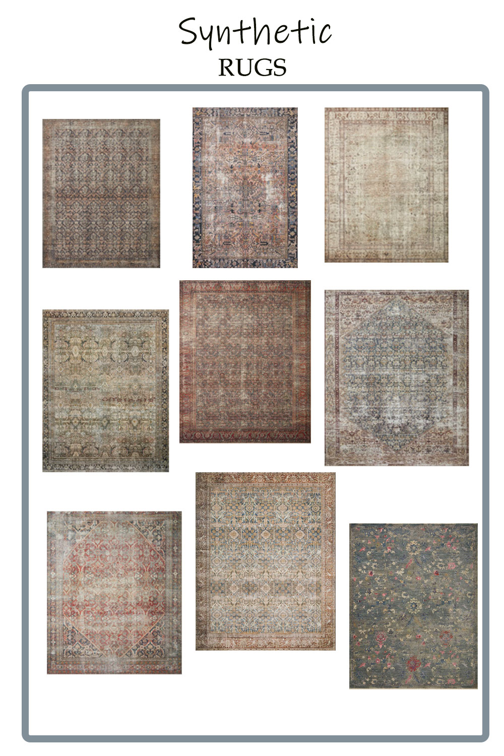 round up image with 9 different synthetic rugs  which is a good option to save on a rug when considering when to splurge or save