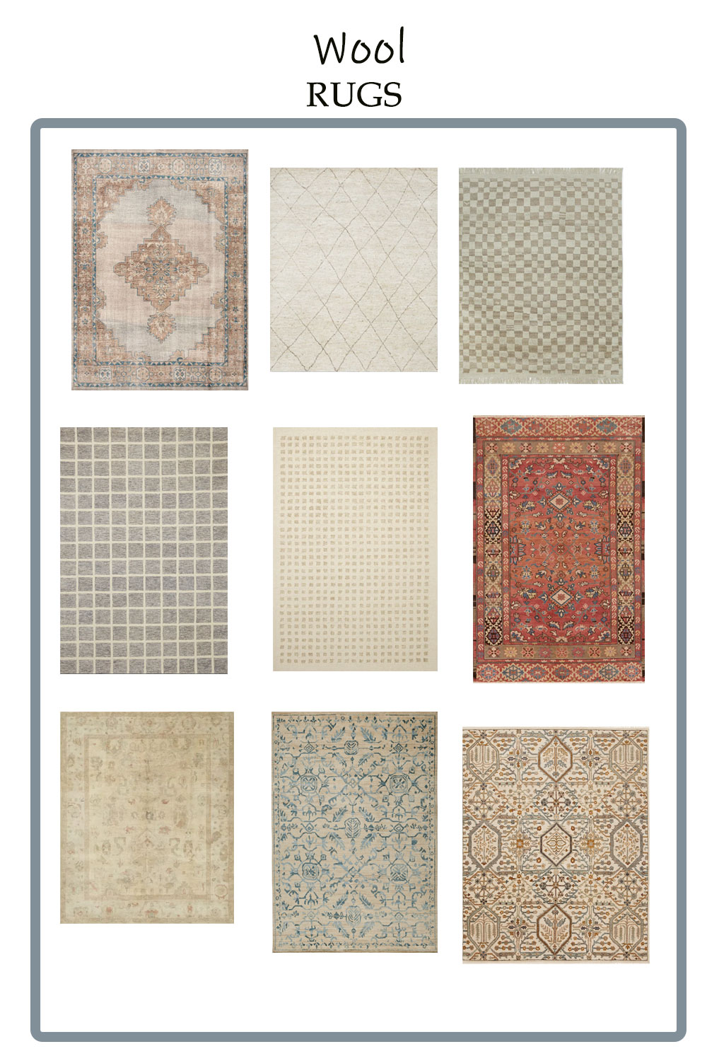 9 wool rugs on a white background