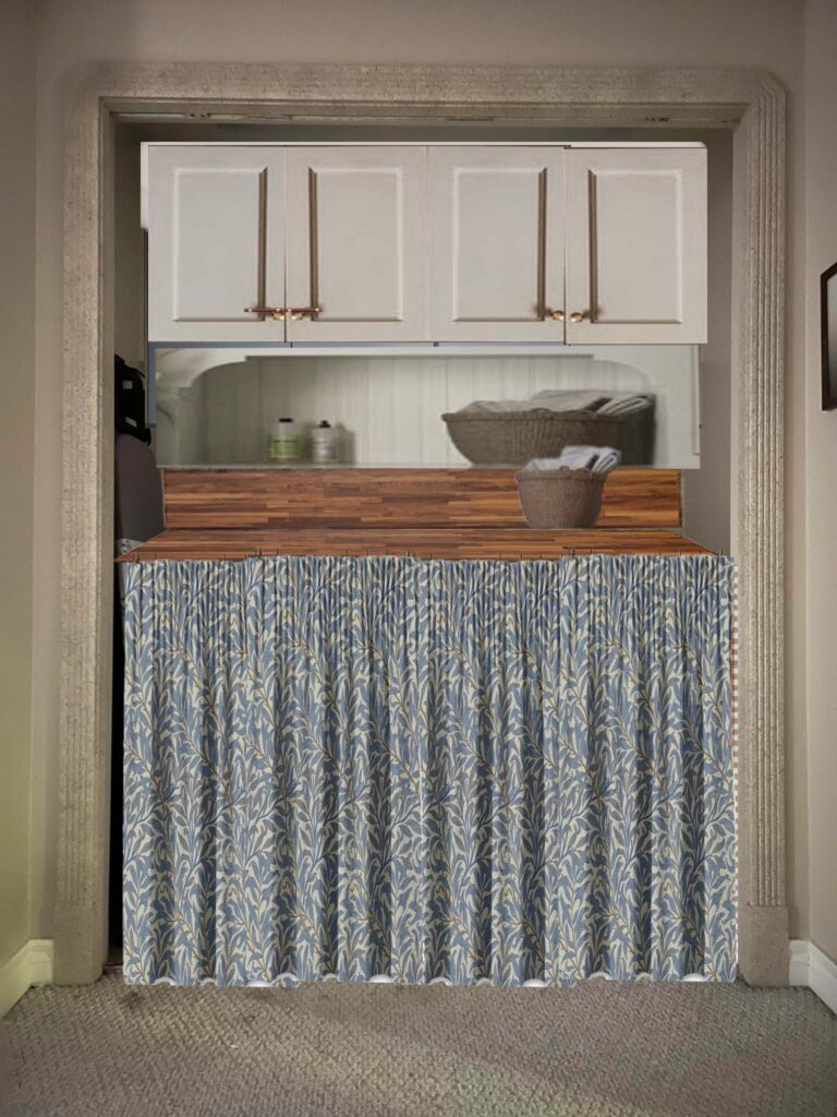 photoshoped photo of a laundry closert with a wood counter, beige cabients and wood countertop with a skirted floral base