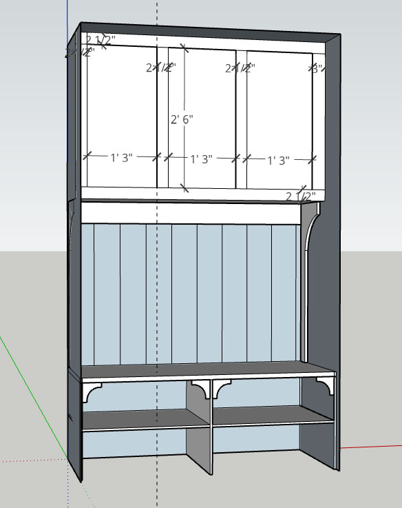 drawing of lockers with cabinets above and shelves/bench below