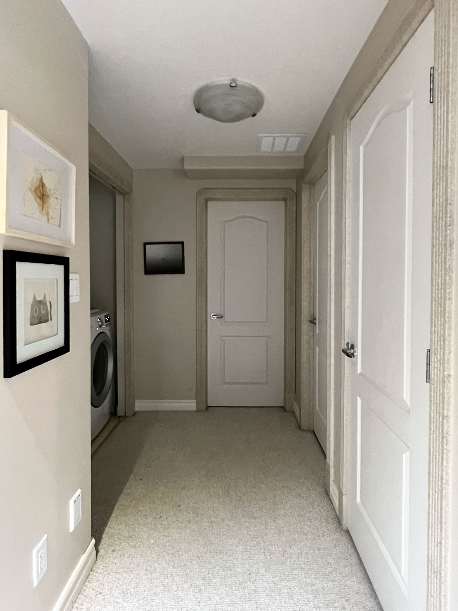 hallway with beige carpets, white trim, brass flushmount light, beige walls, art on walls, three doors, laundry machines to the left