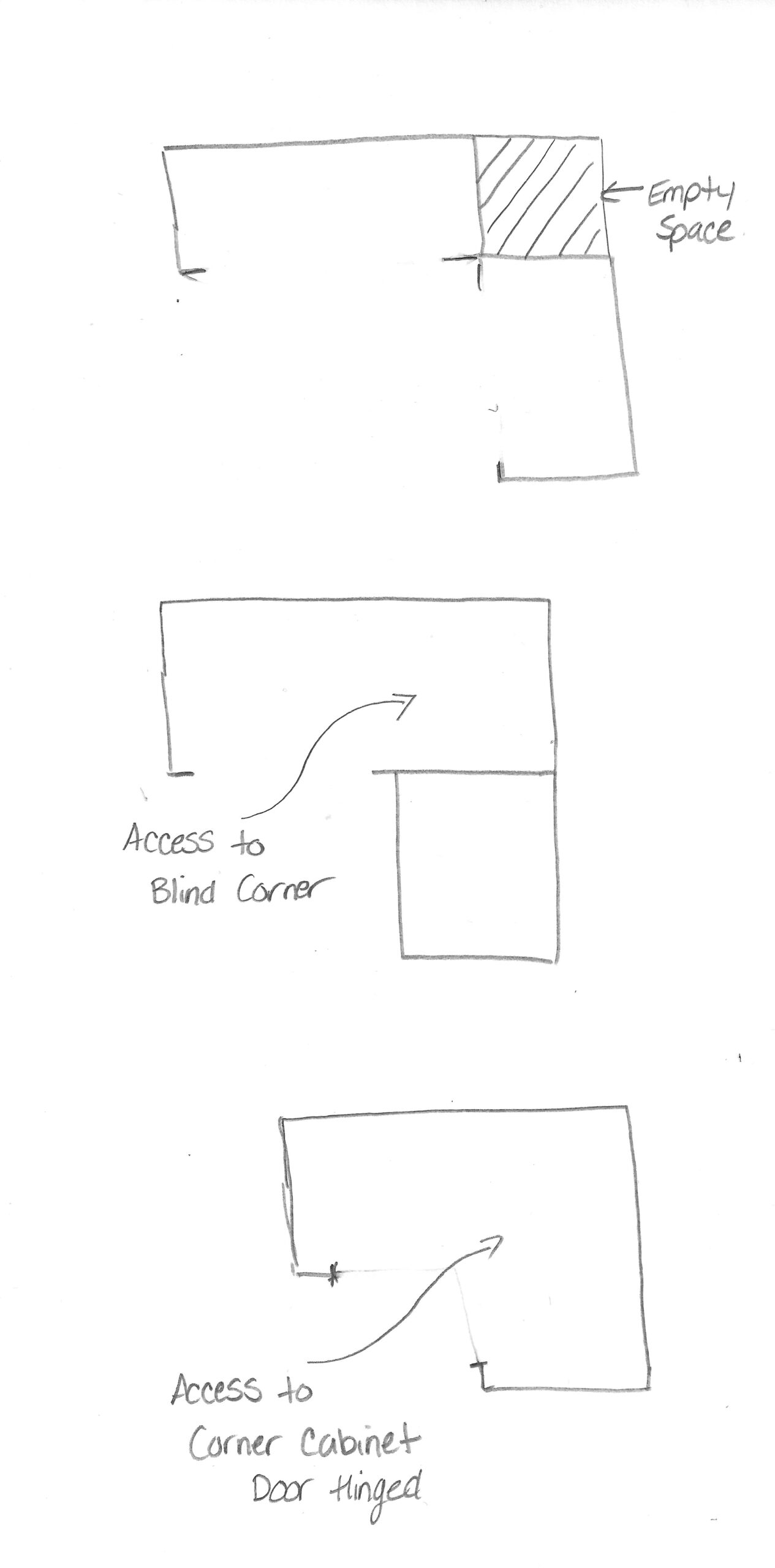 pencil sketches showing different ways that corner cabinets can be configured