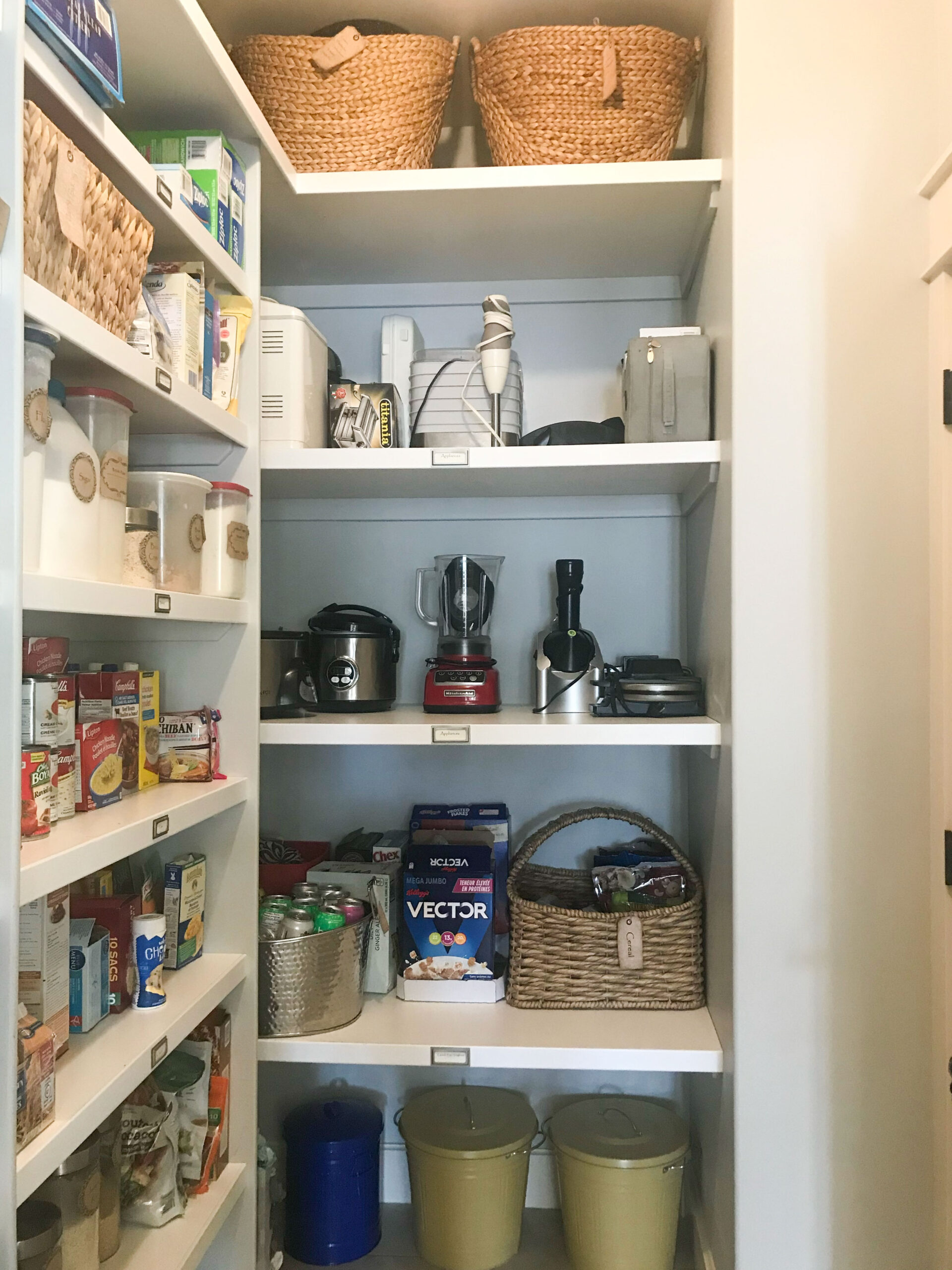 inside a large pantry with shallow shelves along the left wall and deeper taller shelves on the back wall