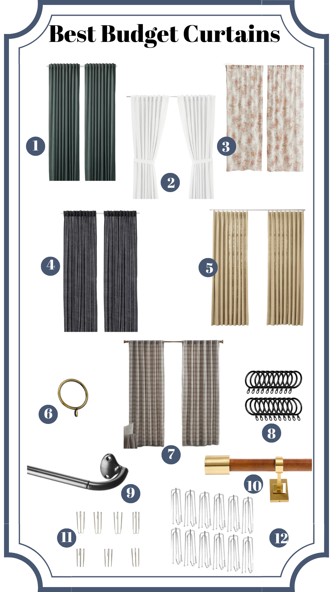 collage of curtain panels, curtain rings, and curtain rods