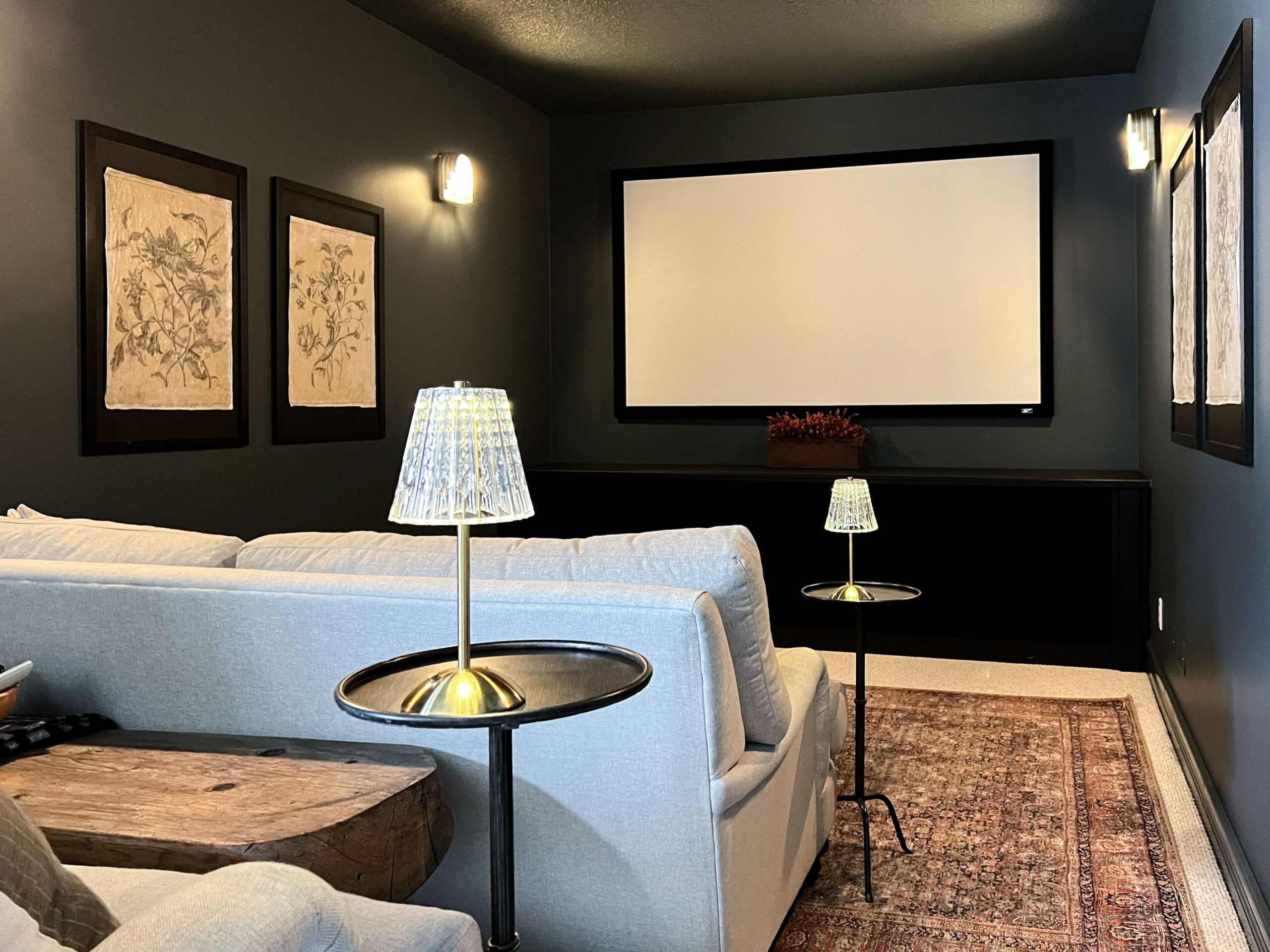 Media room looking at the screen with cordless lamps, moody walls and a vintage stye rug