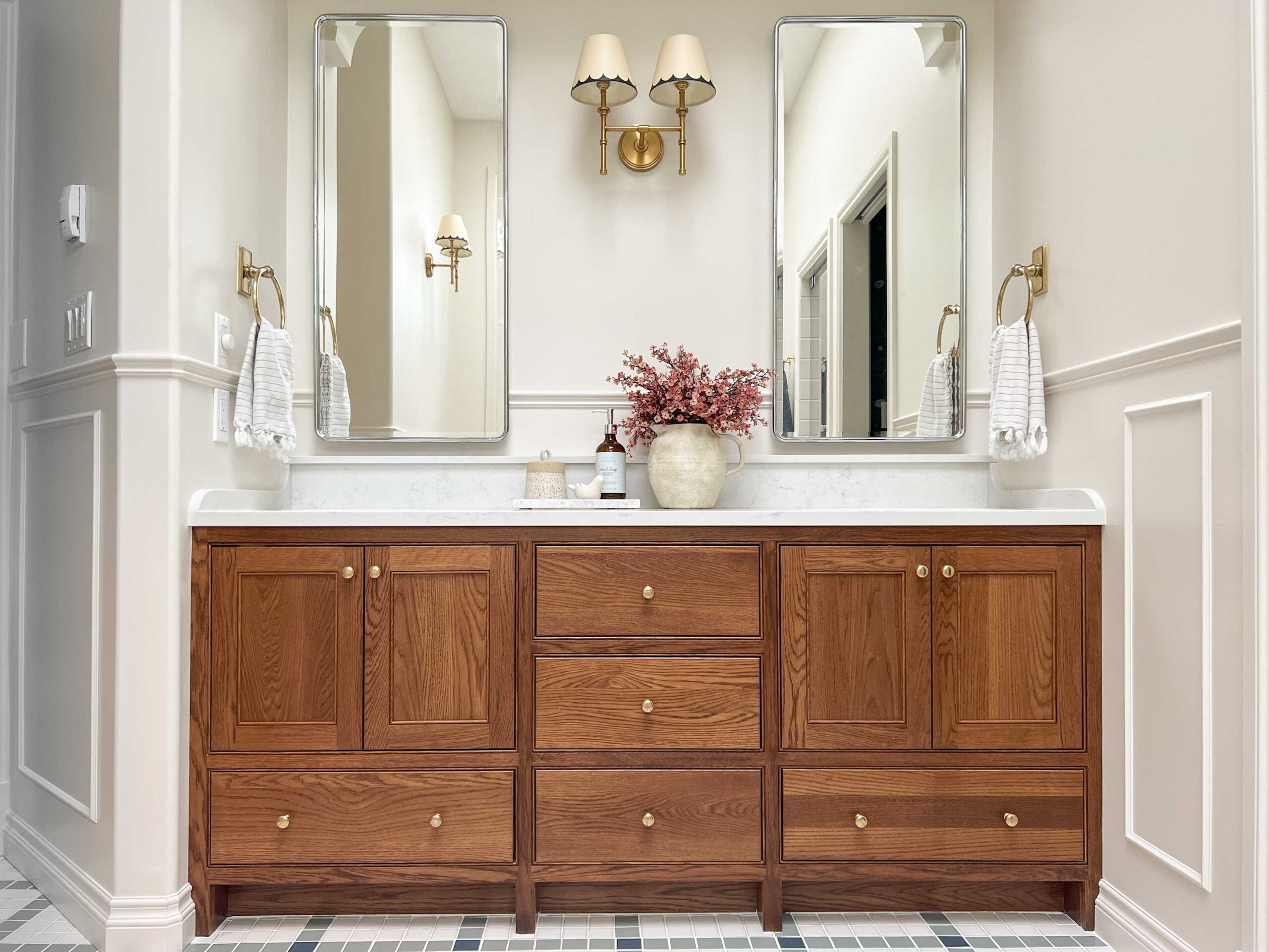 White Oak Floating Bathroom Storage Cabinet With Sliding Doors 