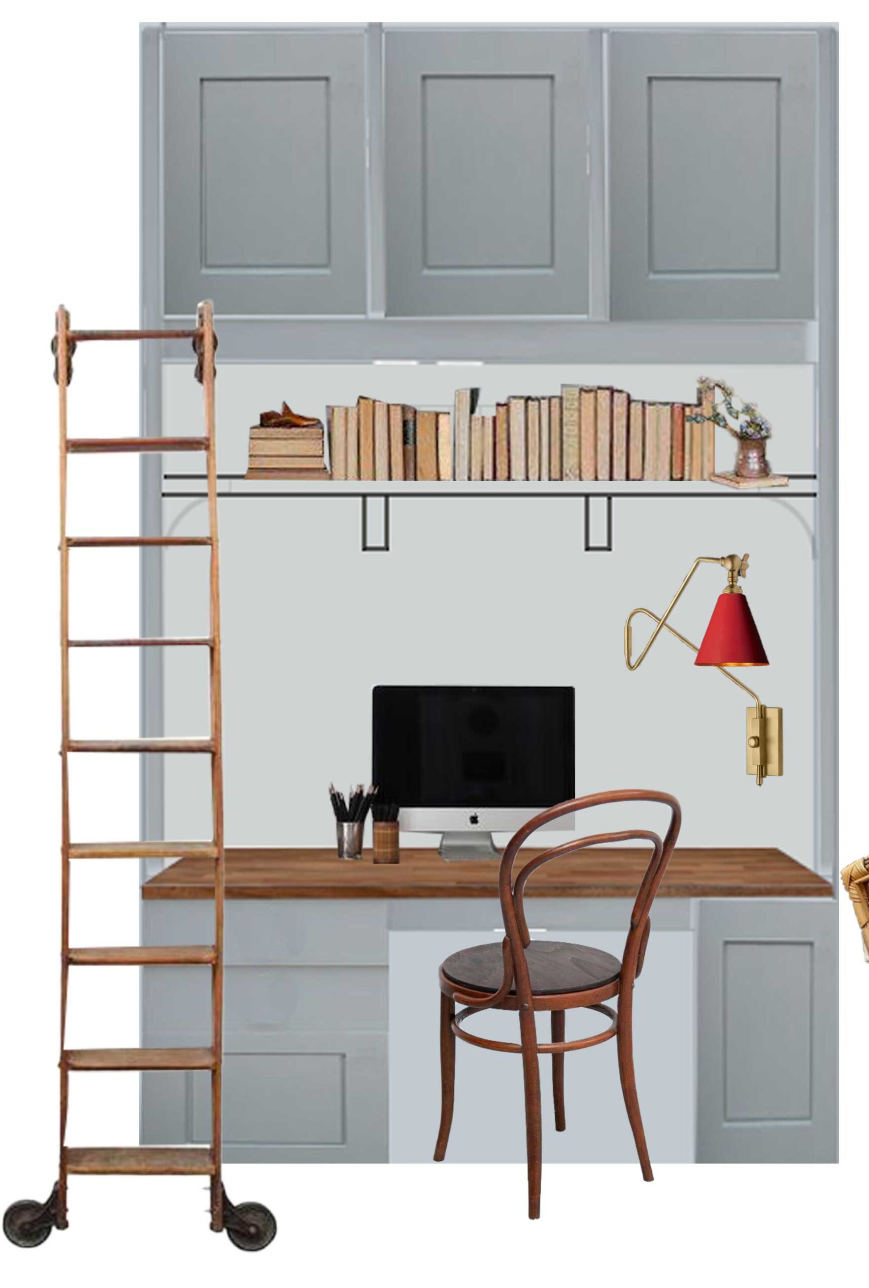 Home office nook moodboard with blue cabinets, wood desk top, library ladder.