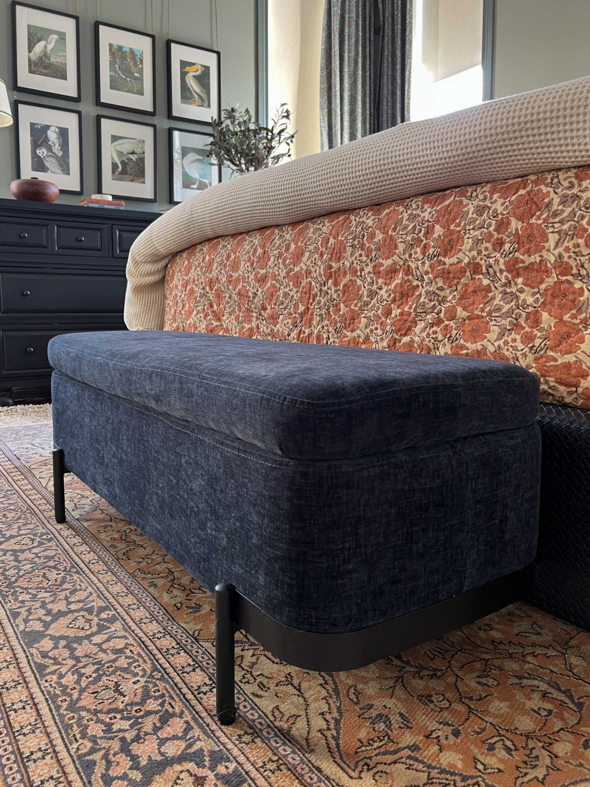 close up of upholstered blue bench