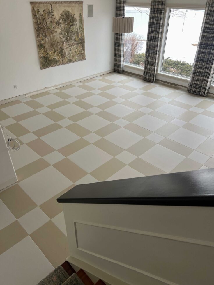 View from stairs of large format tile installation