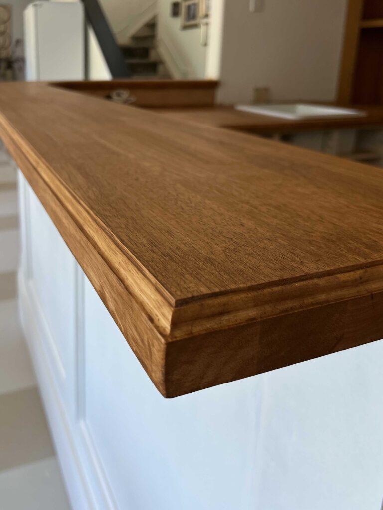 finsihed butcherblock close up of corner with ogee edge