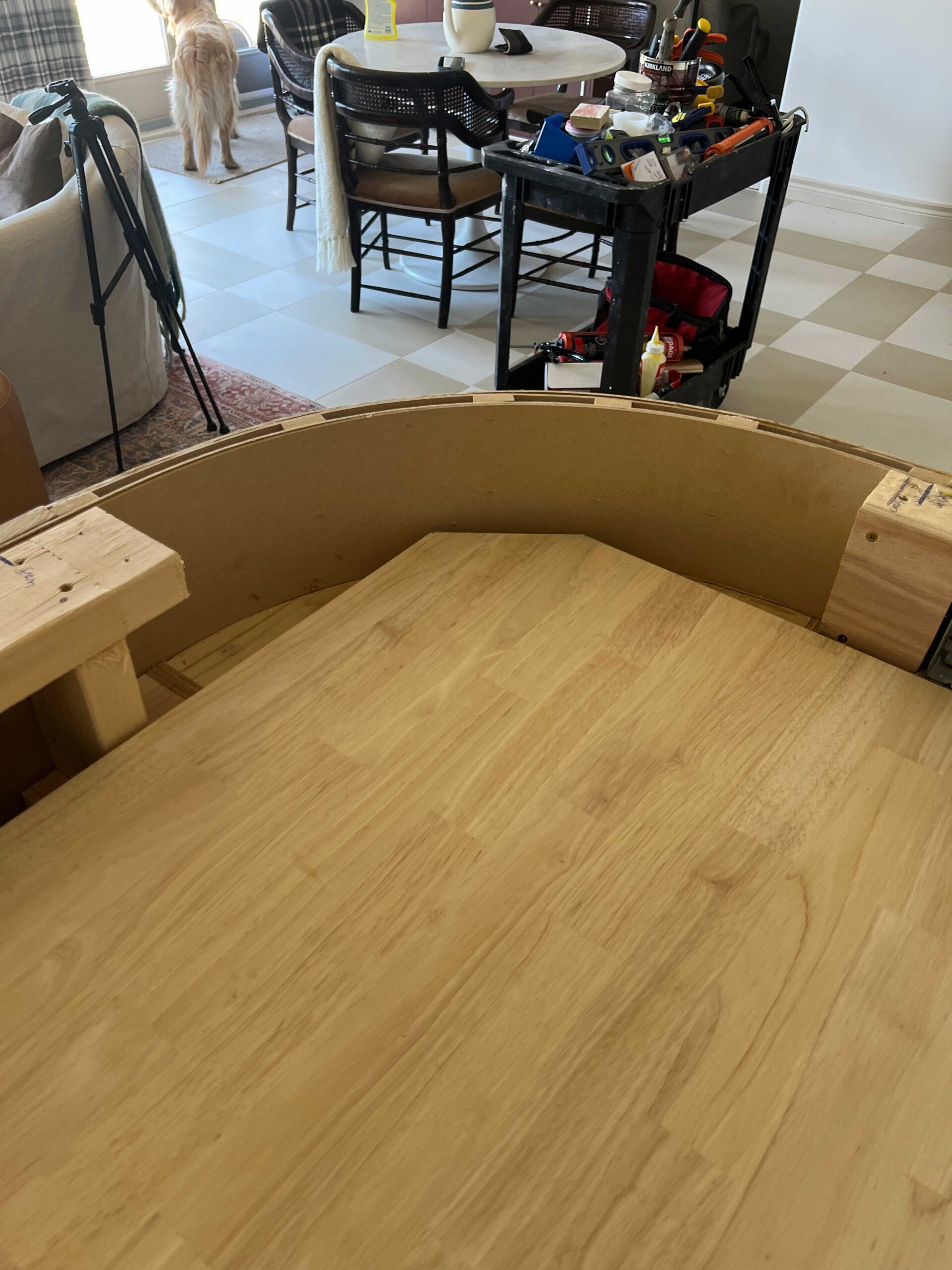 Corner cut off of the butcherblock countertop