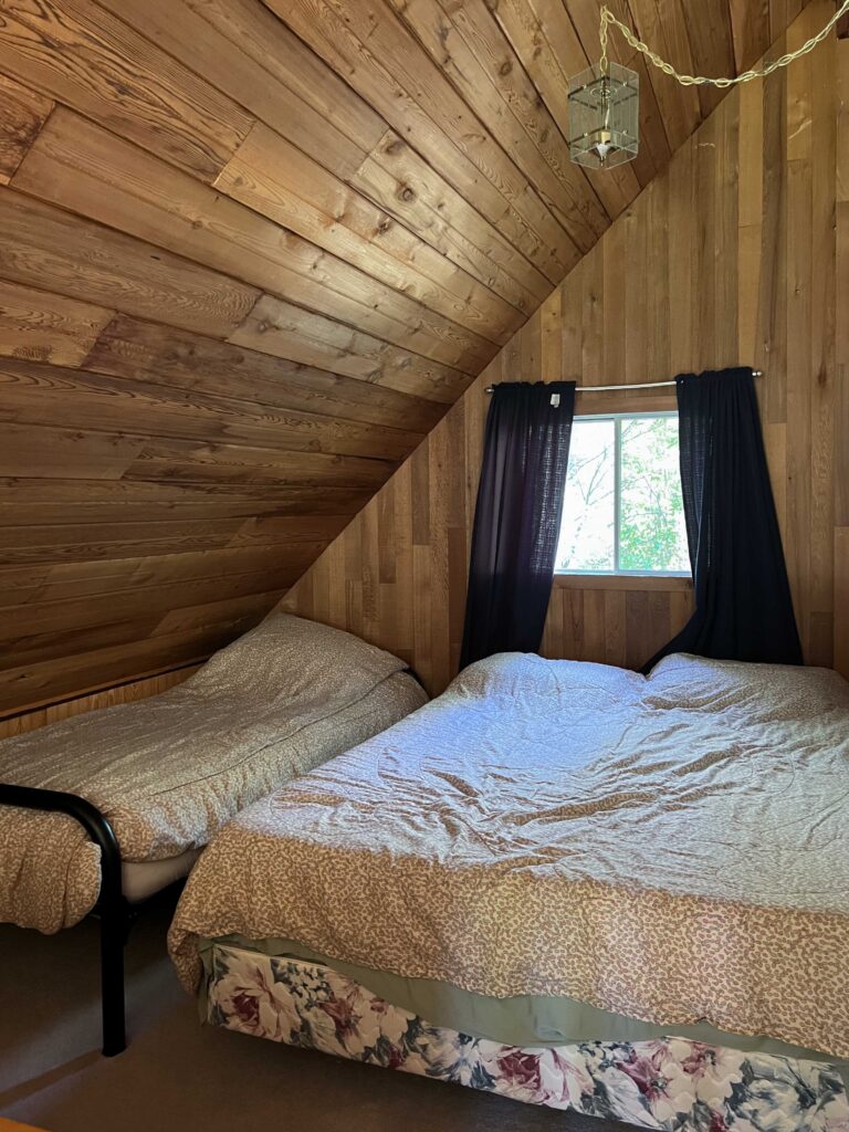 room with angled pine ceilings and two beds