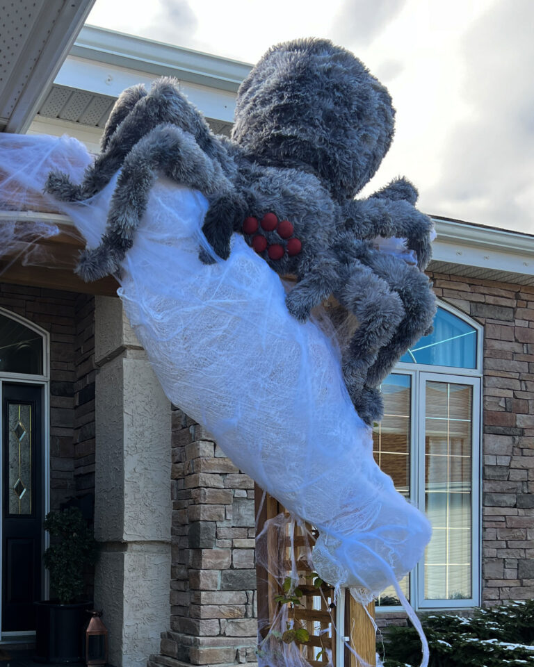 DIY Halloween Spider on a house with a body wrapped in a web