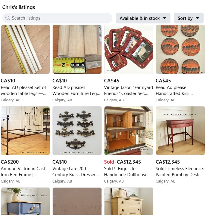 screenshot of a sellers listings