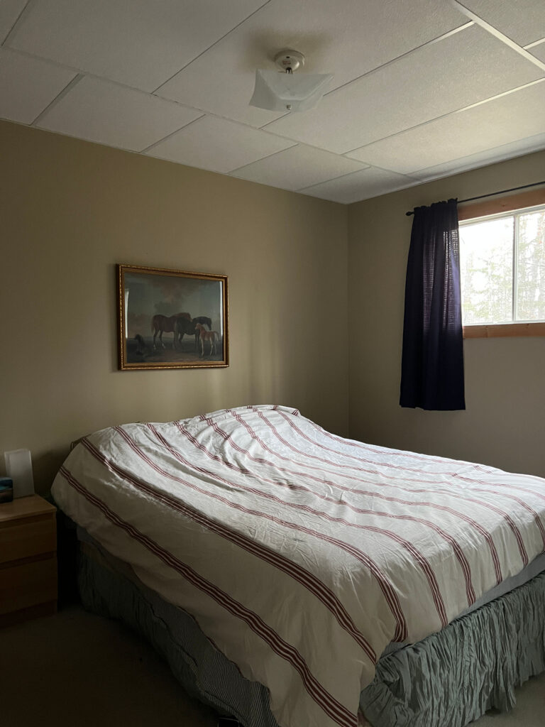 dark bedroom with small window and drop ceiling