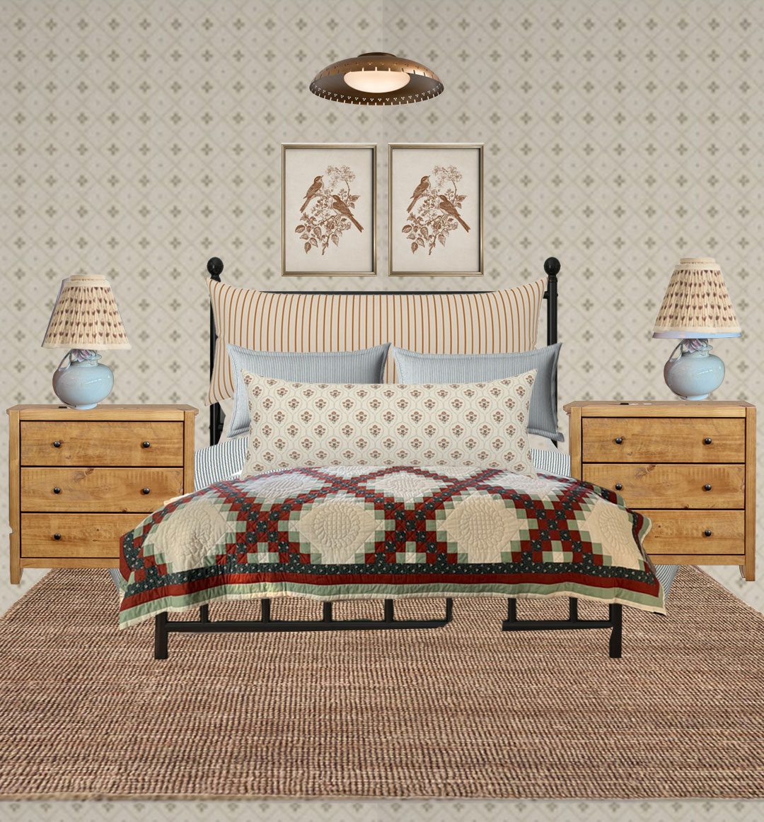 cottage style bedroom moodboard showing a styled room with lots of pattern