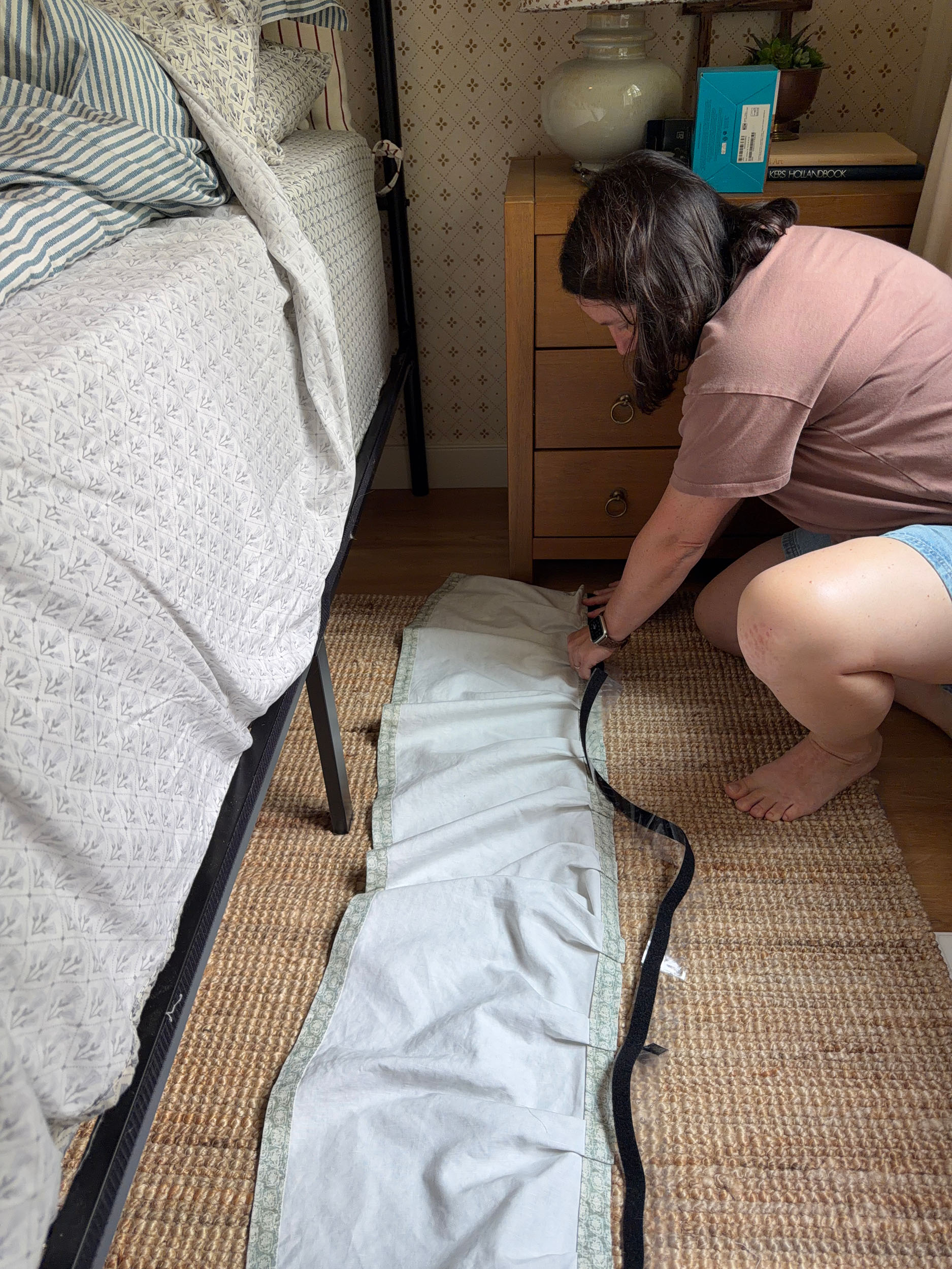 Attaching sticky velcro to the top of the diy bed skirt