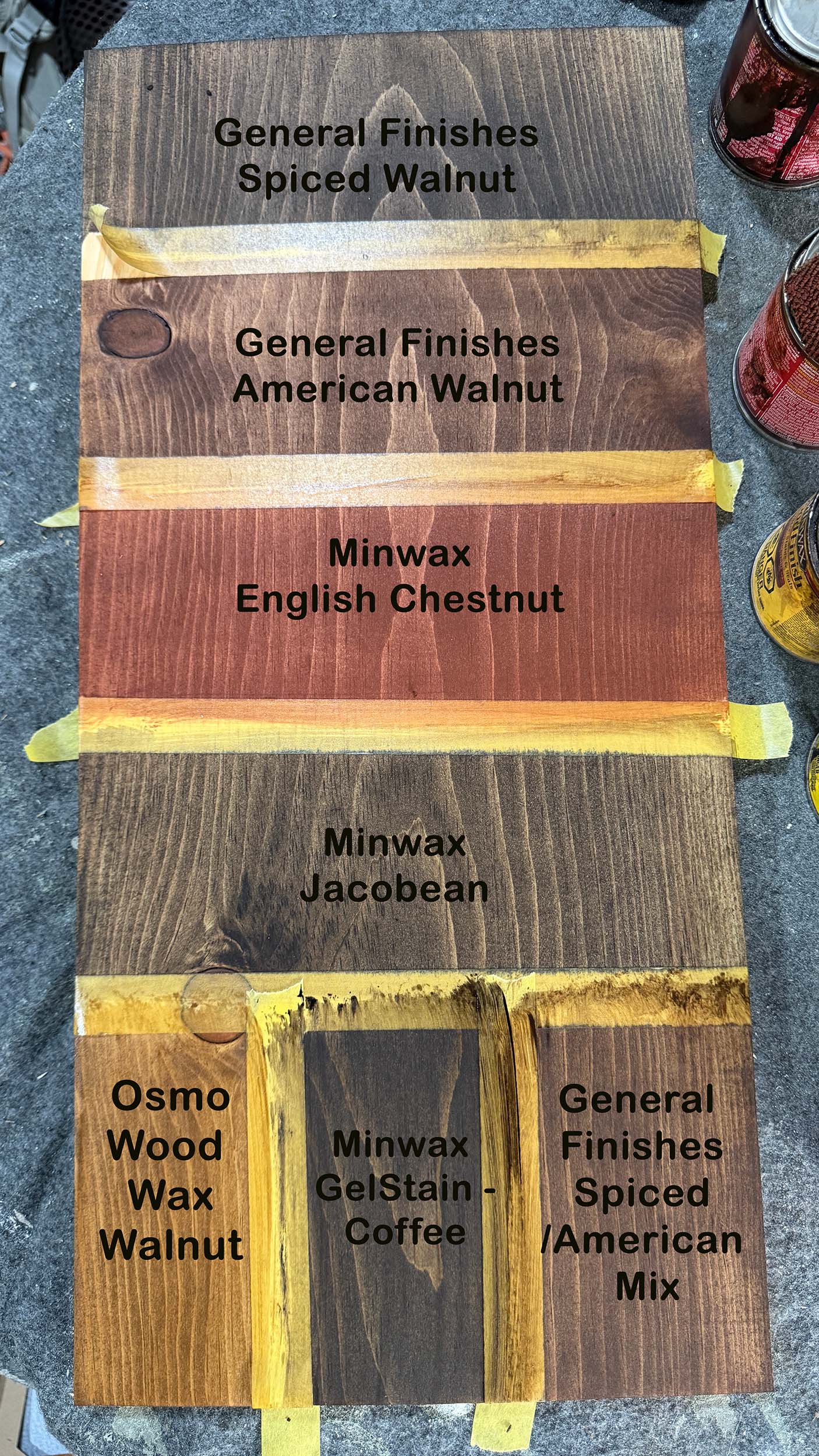 sample board with many stain colours tested on it